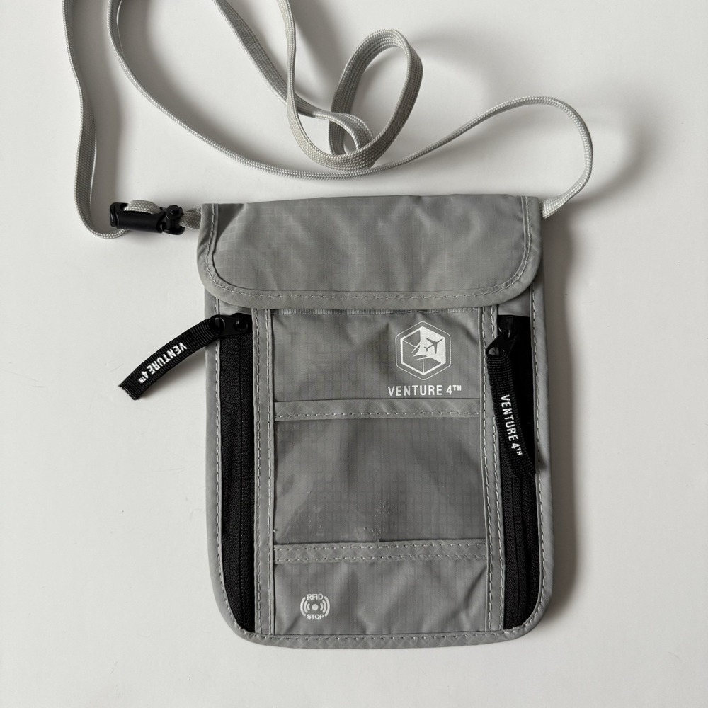 Venture 4th Slim Passport Holder Neck Wallet Pouch RFID Blocking‎ Gray New